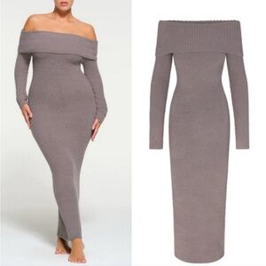 SKIMS Long Sleeve Off-Shoulder Dress in Taupe